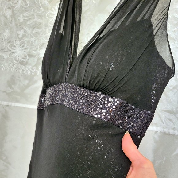 Black Sequin Evening Gown, Silk Chiffon Overlay, Aidan Mattox, 4 - Picture 1 of 17
